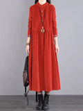 themeisles Vintage Corduroy Long Sleeves A-Line Embroidered Solid Round-Neck Midi Dresses