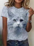 themeisles Short-sleeved Straight Type Pullover Round Neck Cartoon Cats Digital Printing T-shirt Pink Purple Blue Green