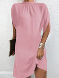 themeisles Solid Color Short Sleeves Raglan Sleeve Mock Neck Mini Dresses