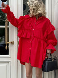 themeisles Solid Color Ruffled Layered Elasticity Buttoned Asymmetric Loose Long Sleeves Lapel Mini Dresses