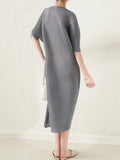 themeisles Stylish Irregularity Loose Pleated Solid Color Round-Neck Midi Dresses