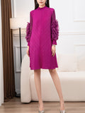 themeisles Solid Color Pleated Embroidered Loose Long Sleeves Round-neck Midi Dresses
