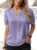 themeisles Summer New Temperament Commuter V-neck Loose Type Plain Lace Hollow Princess Sleeve Short-sleeved Urban Commuter Style Shirt