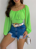 themeisles Tops Female Solid Color Exposed Umbilical Cord Lantern Sleeves A Collar Sexy Hot Girls Laced Bubble Sleeve Long-sleeved Shirt