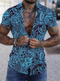 themeisles Men's Beach Shirt 3D Digital Short Sleeve Shirt Seaside Hawaii Loose Men's Shirt Blue Yellow Purple Green
