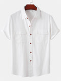 themeisles Summer New Men's Linen Short-sleeved Shirt Men's Square Collar Casual Cotton Linen Shirt Hemp Material Pure Color Half-sleeved Blouse