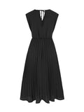 themeisles Tied Waist Solid Color Pleated Sleeveless V-Neck Midi Dresses