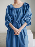 themeisles Original Casual Loose Solid Color Pleated Puff Sleeves Midi Dress