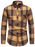 themeisles Men's Business Brushed Lapel Long-sleeved Shirt Loose Color Collision Plaid Fashion Long-sleeved Pocket Shirt Men