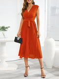 themeisles Tied Waist Solid Color Pleated Sleeveless V-Neck Midi Dresses