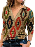 themeisles Vintage Print V Lapel Long-sleeved Women's T-shirt Tops