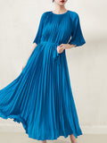 themeisles Loose Pleated With Waistband Solid Color Round-Neck Maxi Dresses