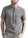 themeisles Stand Collar Short-sleeved Linen Shirt Sleeve Breathable Casual Linen Soft Slim Fit Men