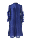 themeisles Solid Color Pleated Embroidered Loose Long Sleeves Round-neck Midi Dresses