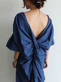 themeisles Casual Half Sleeves Loose Pleated Solid Color V-Neck Midi Dresses