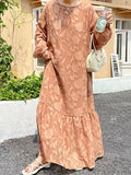 themeisles Tied Waist Split-Joint Solid Color Pleated Flower Print Puff Sleeves Loose Round-Neck Maxi Dresses