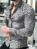themeisles Autumn New Men's Shirts Muscle Men Lapel Cardigan Printed Shirt Slim Type Fashion Long-sleeved Men's Clothing