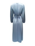 themeisles Zipper Tied Waist Solid Color High-Waisted Wrap Round-neck Maxi Dresses