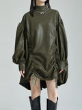 themeisles Solid Color Pleated Drawstring Puff Sleeves Loose Stand Collar Mini Dresses