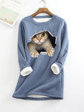 themeisles Women's Sweatshirt Pullover Sherpa Fleece Teddy Denim Blue Green Black Cat Street Round Neck Long Sleeve S M L XL 2XL 3XL