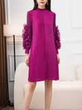 themeisles Solid Color Pleated Embroidered Loose Long Sleeves Round-neck Midi Dresses
