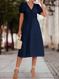 themeisles Split-Joint Solid Color Pleated Knot Elasticity Short Sleeves Puff Sleeves V-neck Midi Dresses