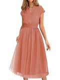 themeisles Solid Color Short Sleeves Loose V-Neck Midi Dresses