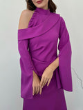 themeisles Flared Sleeves Asymmetric Buttoned Hollow Solid Color Zipper Cold Shoulder Evening Dresses Maxi Dresses