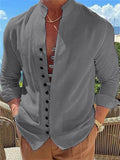 themeisles Men's Shirt Linen Shirt Button Up Shirt Casual Shirt Summer Shirt Black White Pink Long Sleeve Plain Band Collar Summer Spring & Fall Daily Vacation Clothing Apparel