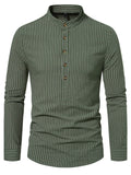themeisles New Men's Henry Collar Stand-up Collar Long-sleeved Striped Shirt Fashion Loose Comfortable Casual Shirt