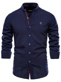 themeisles Spring and Summer Slim Shirt Men's Cotton Linen Breathable Casual Fashion Business Solid Color Long-sleeved Lapel Pleated Shirt Men