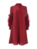 themeisles Solid Color Pleated Embroidered Loose Long Sleeves Round-neck Midi Dresses