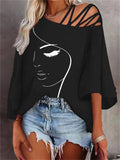 themeisles Fashion Stitching Loose Casual Tops Ladies Print T-shirt White Black Red Blue S M L XL 2XL
