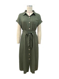 themeisles Solid Color Ribbed Short Sleeves Loose Lapel Midi Dresses