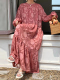 themeisles Tied Waist Split-Joint Solid Color Pleated Flower Print Puff Sleeves Loose Round-Neck Maxi Dresses