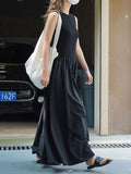 themeisles Split-Joint Solid Color Pleated Sleeveless Loose Round-Neck Maxi Dresses
