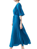 themeisles Loose Pleated With Waistband Solid Color Round-Neck Maxi Dresses
