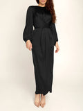 themeisles Zipper Tied Waist Solid Color High-Waisted Wrap Round-neck Maxi Dresses
