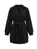 themeisles Tied Waist Solid Color Jacquard Long Sleeves V-neck Mini Dresses