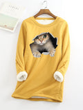themeisles Women's Sweatshirt Pullover Sherpa Fleece Teddy Denim Blue Green Black Cat Street Round Neck Long Sleeve S M L XL 2XL 3XL
