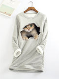 themeisles Women's Sweatshirt Pullover Sherpa Fleece Teddy Denim Blue Green Black Cat Street Round Neck Long Sleeve S M L XL 2XL 3XL