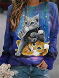 themeisles Women's 3D Abstract Pattern Cat Long Sleeve Round Neck T-Shirt Ladies Long Sleeve Top