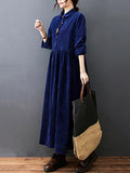 themeisles Vintage Split-Joint Solid Color Long Sleeves Lapel A-Line Corduroy Midi Dress