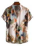 themeisles New Summer Men's Fit Type Fashion Trend Cotton Lapel Floral Print Casual Short-sleeved Shirt Breathable Sweat-absorbing Top