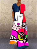 themeisles Retro Portrait Cat V-neck Multicolor Four-sided Elastic Dress