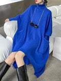 themeisles Batwing Sleeves High-Low Pockets Solid Color High-Neck Midi Dresses Sweater Dresses