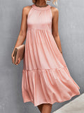 themeisles Split-Joint Solid Color Pleated Hollow Sleeveless Loose Halter-Neck Midi Dresses