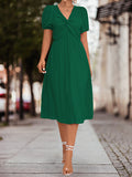 themeisles Split-Joint Solid Color Pleated Knot Elasticity Short Sleeves Puff Sleeves V-neck Midi Dresses