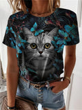themeisles Women's Fashion Round Neck Tops Printed Short Sleeve Cat Pattern 3D Effect S M L XL 2XL 3XL 4XL 5XL