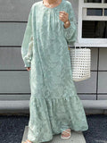 themeisles Tied Waist Split-Joint Solid Color Pleated Flower Print Puff Sleeves Loose Round-Neck Maxi Dresses